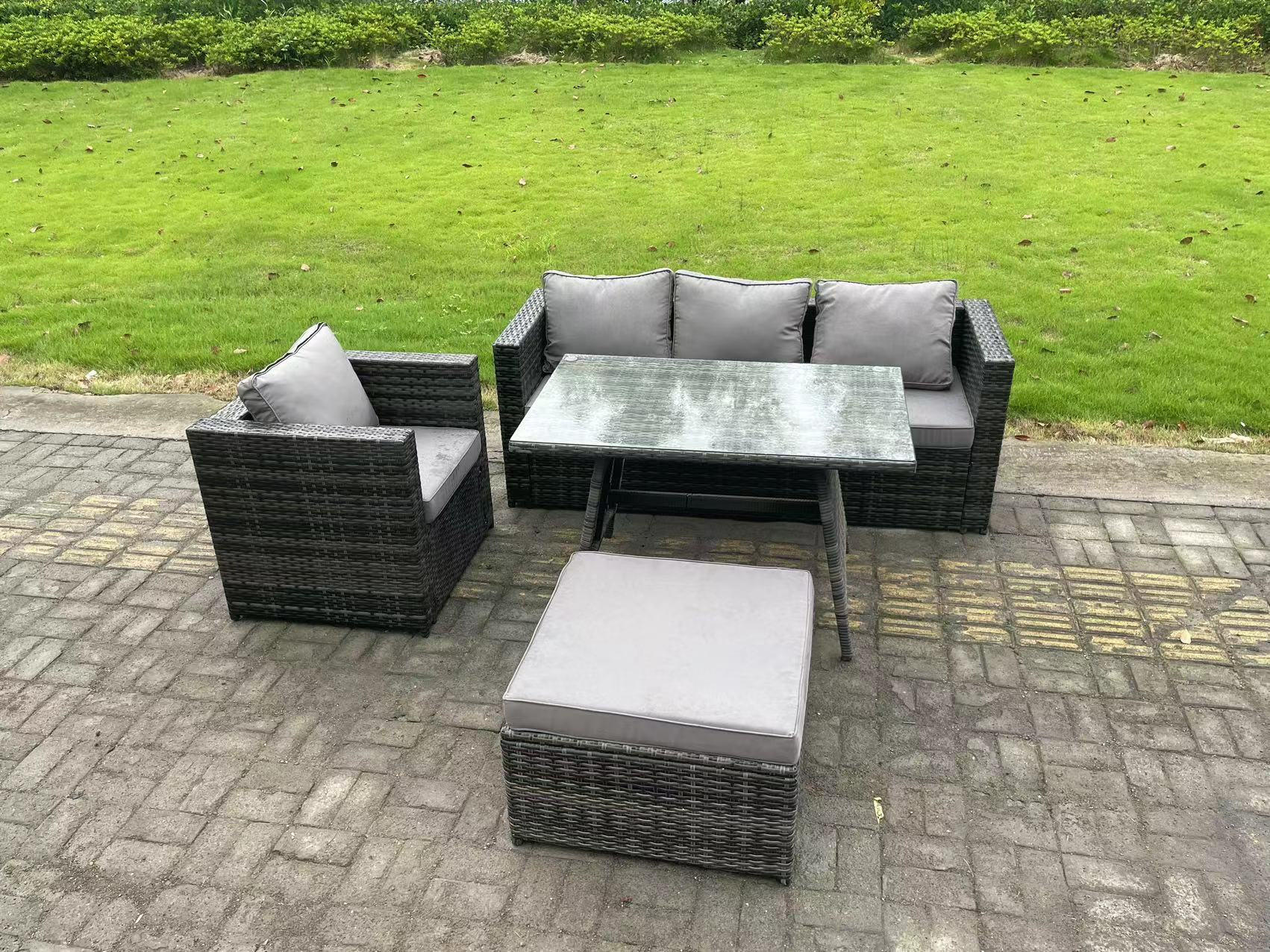 GARTENMÖBELSET mit Esstisch Hocker 5-Sitzer Grau - Dunkelgrau/Grau, Glas/Kunststoff - Fimous