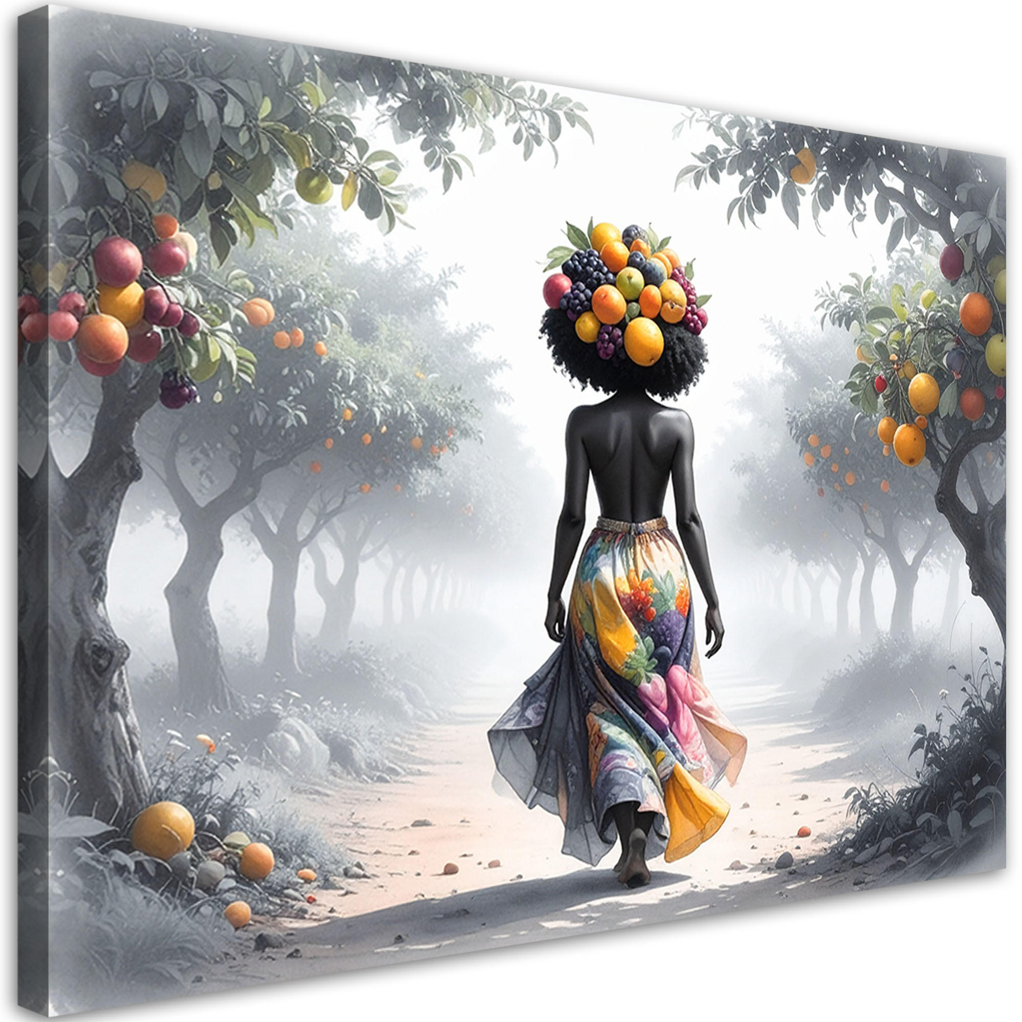 LEINWANDBILD Frau mit Früchten auf dem Kopf 120x80cm - Grau, Textil (120/80cm) - Feeby