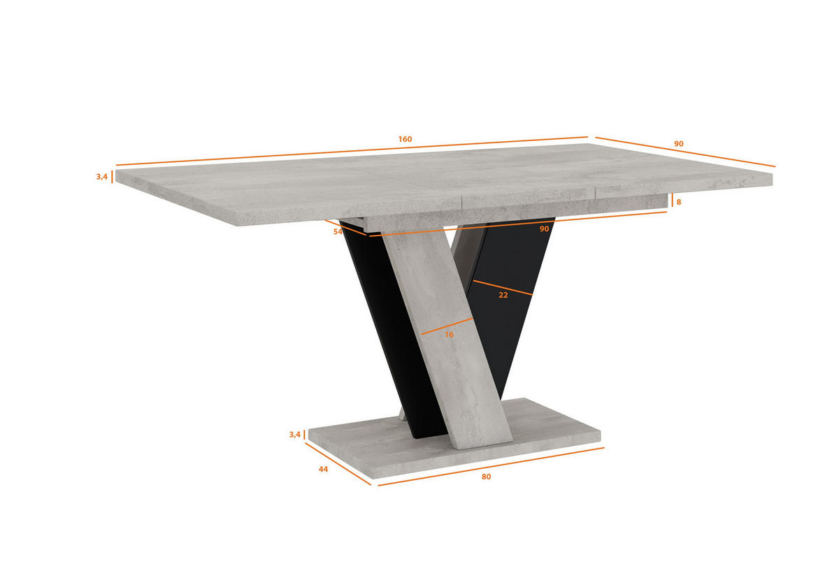 ESSTISCH Ausziehbar 120 - 160 cm Betonoptik und Schwarz - Schwarz/Grau, Holzwerkstoff (120/90/75cm) - PROSPERO