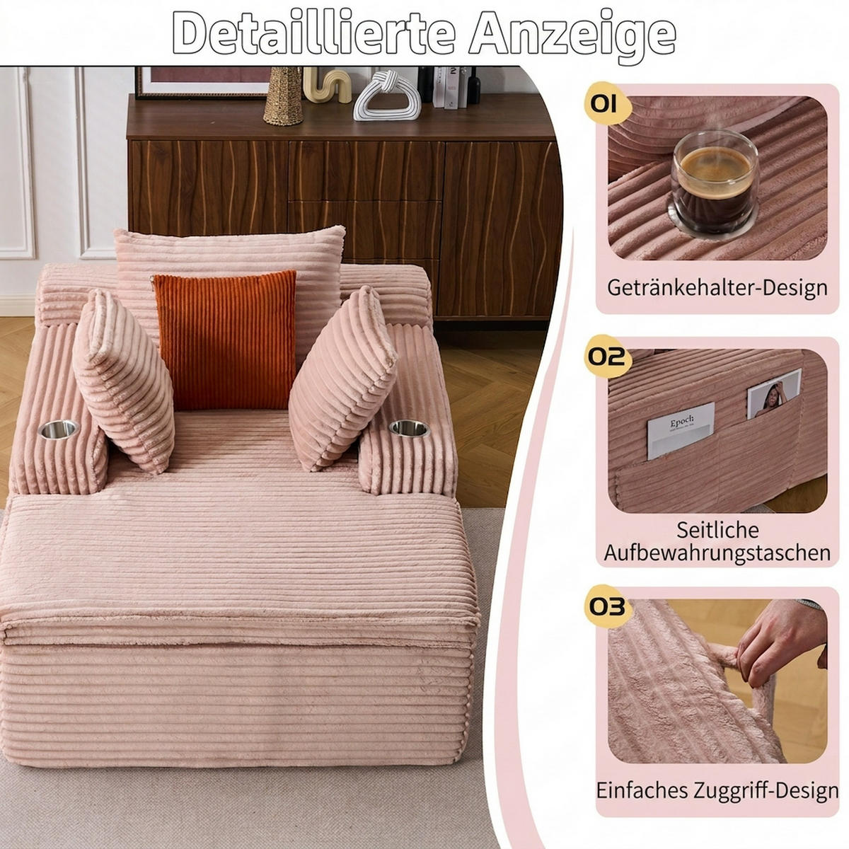SCHLAFSOFA 165/112/63 cm Rosa mit Chaiselongue, 3 Kissen und 1 Decke - Rosa, Textil (112/63/165cm) - Oxeza