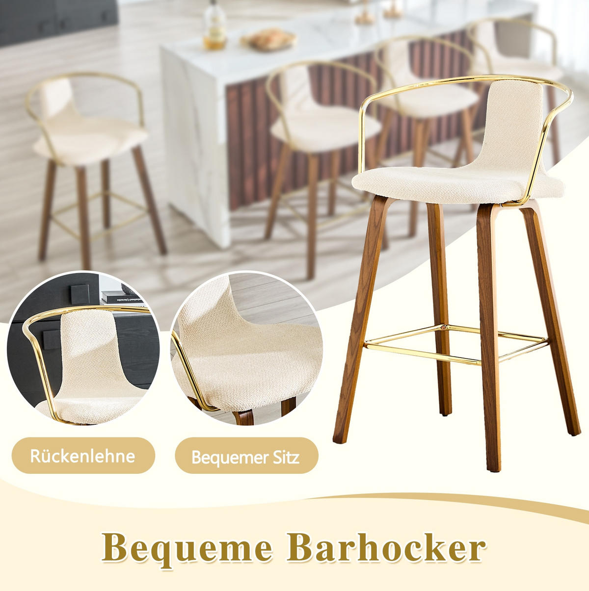 BARHOCKER mit Armlehne und Fußstütze 68/52,5/44 cm - Weiß, Holz (44/88/54.7cm) - MIVRAY