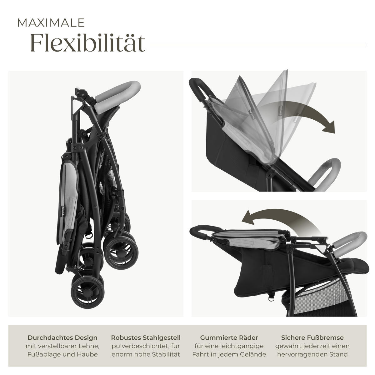 BUGGY Kinderwagen Emma,für 0 bis 36 Monate geeignet, Belastbarkeit 15 kg,schwarz/grau - Schwarz/Grau, Metall (86/45.5/97cm) - tectake