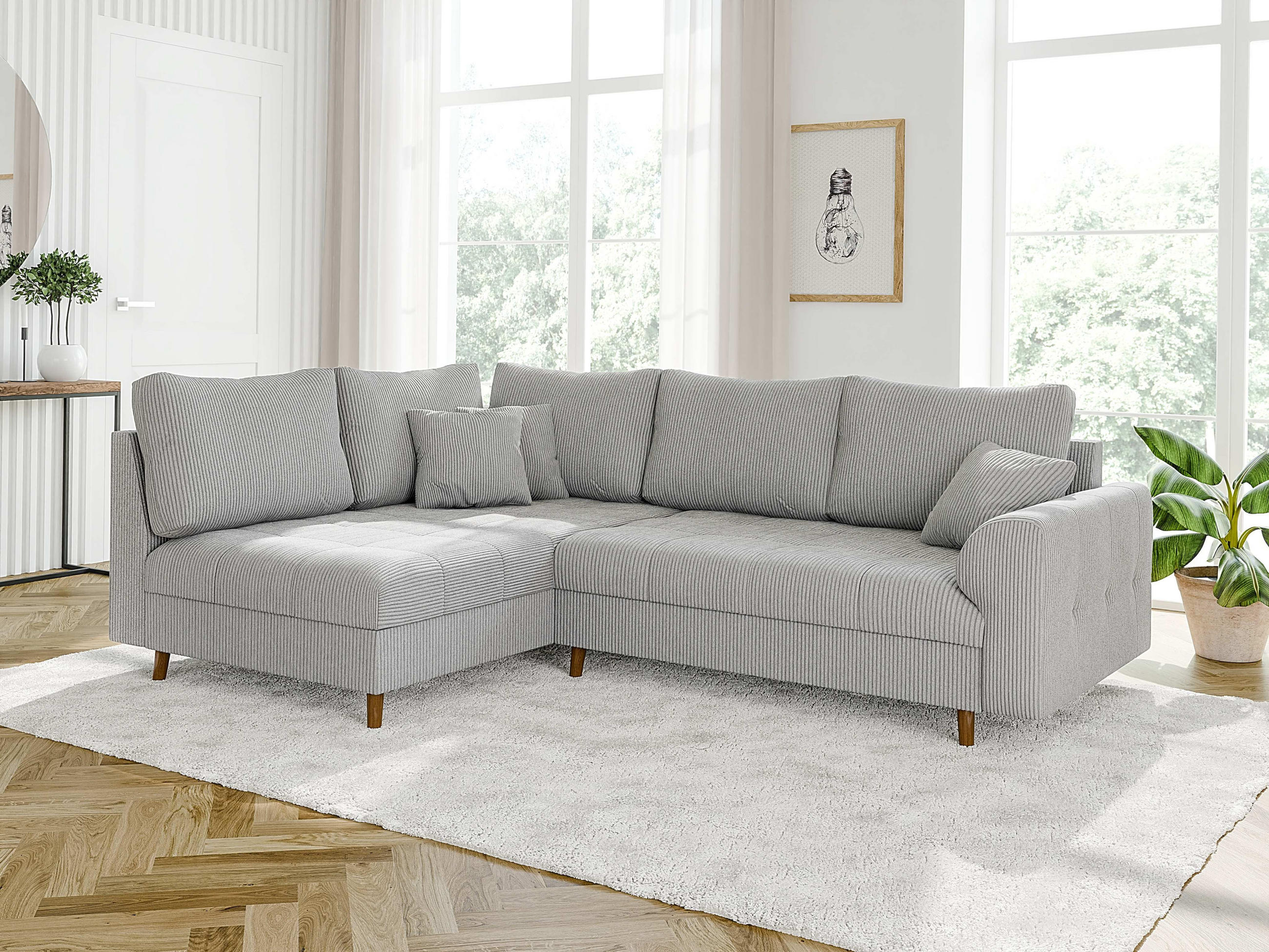 ECKSOFA Alma Hellgrau Cord - Ottomane links - Hellgrau/Braun, Holz/Textil (231/161cm) - S-Style Möbel