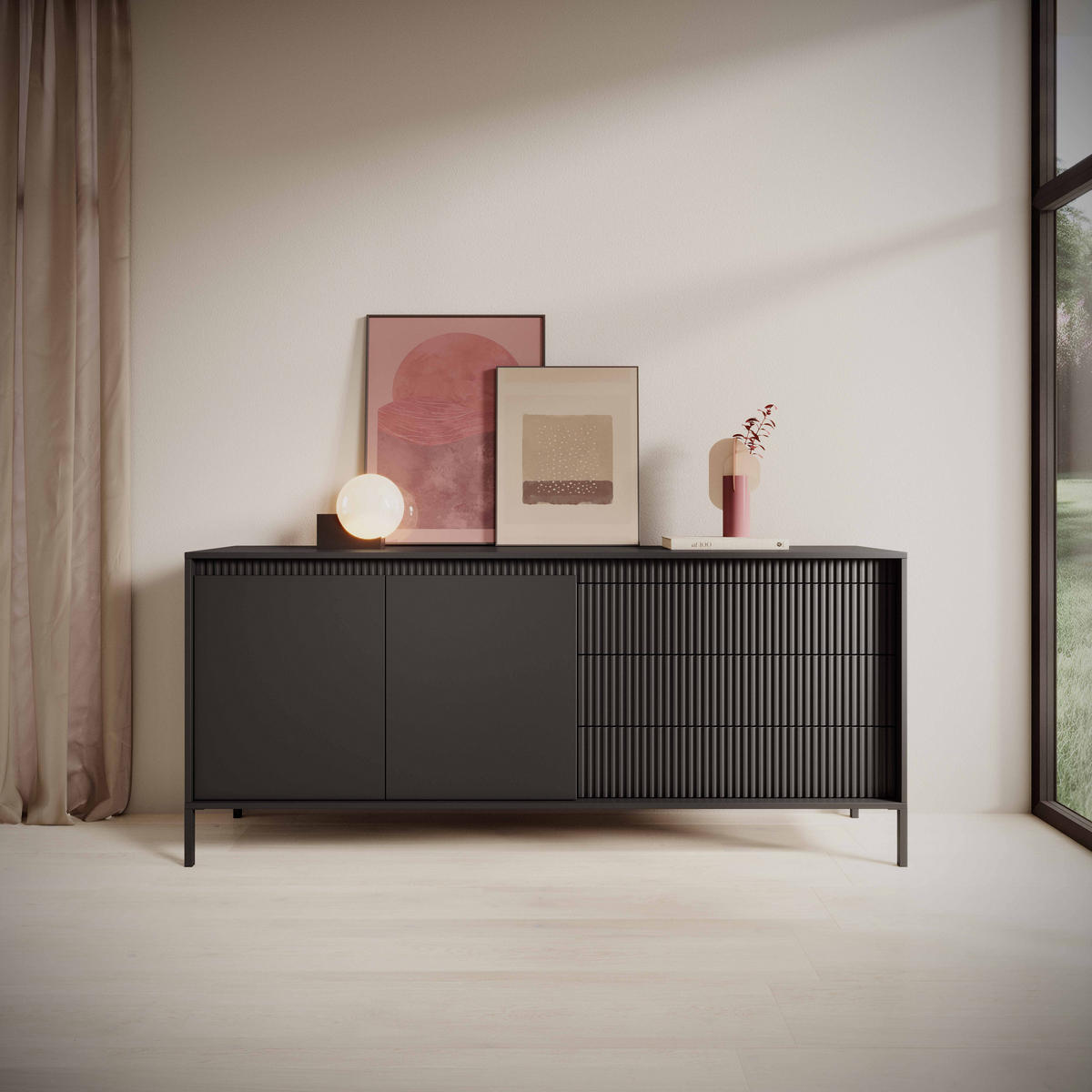 ​KOMMODE SENSO 2D3S, Geriffelte MDF-Fronten, Push-to-Open, Metallfüße, 187x81,4x39,5 cm - Schwarz - Schwarz, Holz/Holzwerkstoff (187/82/40cm) - DomoHome