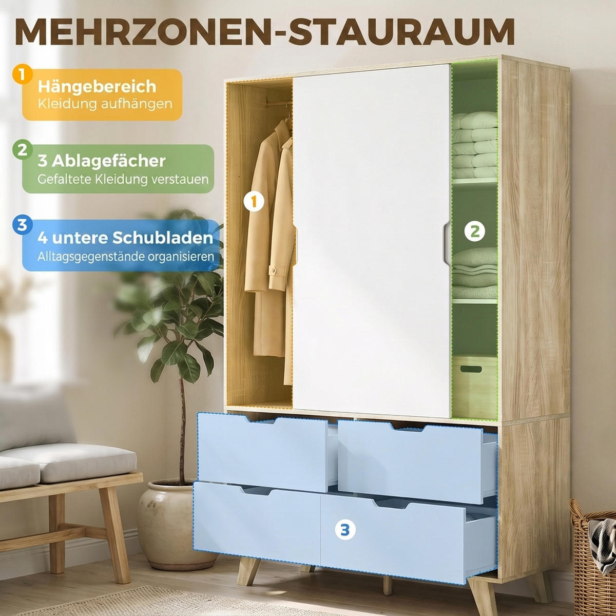 KLEIDERSCHRANK MDF Kiefernholz Eiche Weiss - Weiß, Holz/Holzwerkstoff (50/187.5/120cm) - HOMCOM