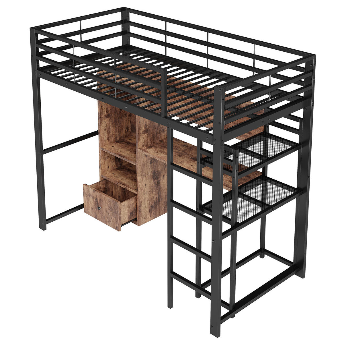 HOCHBETT 90/200 cm aus Metall und MDF mit LED-Beleuchtung, Schreibtisch und Stauraum, Schwarz - Schwarz, Holzwerkstoff (90/200cm) - Redom