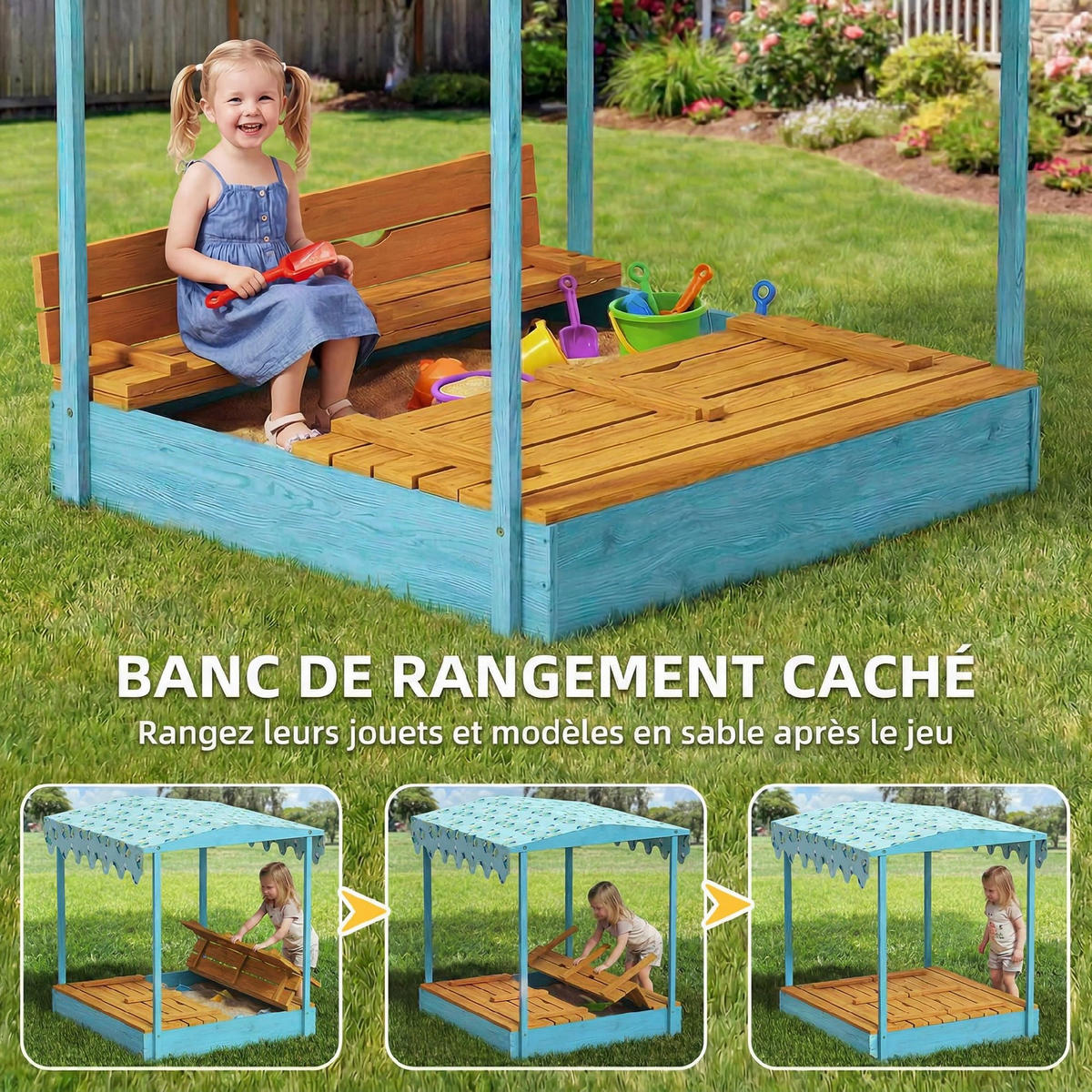 SANDKASTEN DE-18760 mit Klappbänken & Flamingo-Sonnensegel Blau - Blau, Holzwerkstoff (134.5/127.5/130cm) - ComfortXL