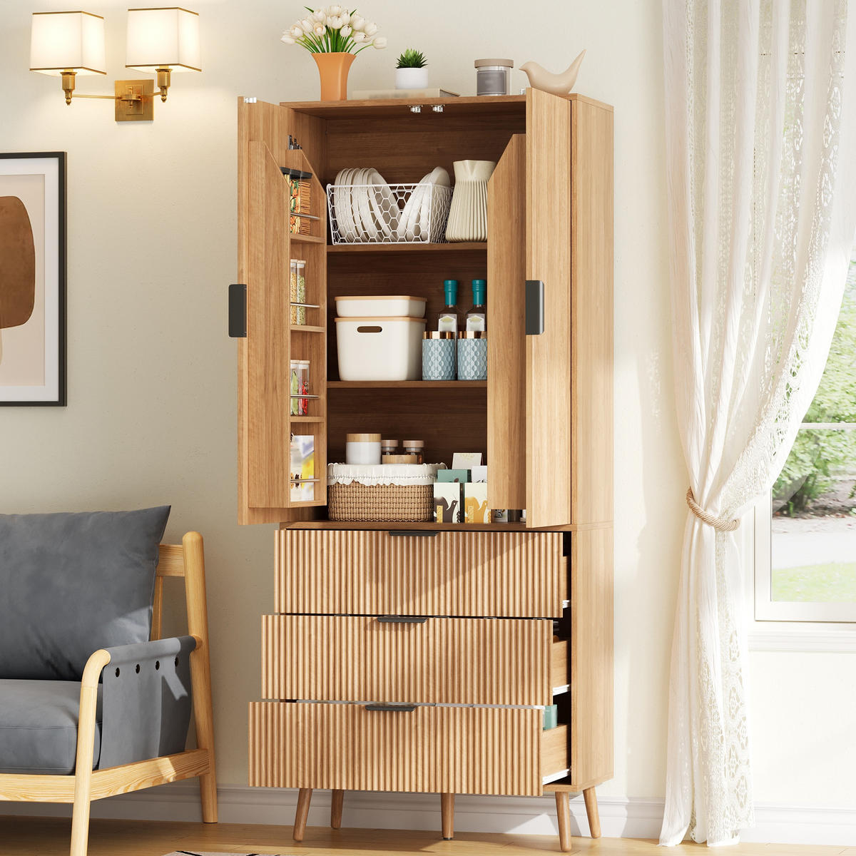 HIGHBOARD DE-38756 75/35/180 cm 2 Türen und 3 Schubladen Natur - Naturfarben, Holzwerkstoff (75/180/35cm) - ComfortXL