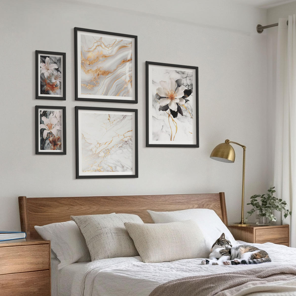 WANDBILDER 5er-Set - 50x50 cm & 20x30 cm & 40x60 cm Schwarzer Rahmen - Bilder mit blau-goldenen Mustern - Schwarz, Kunststoff (40/60cm) - ArtPrintCave