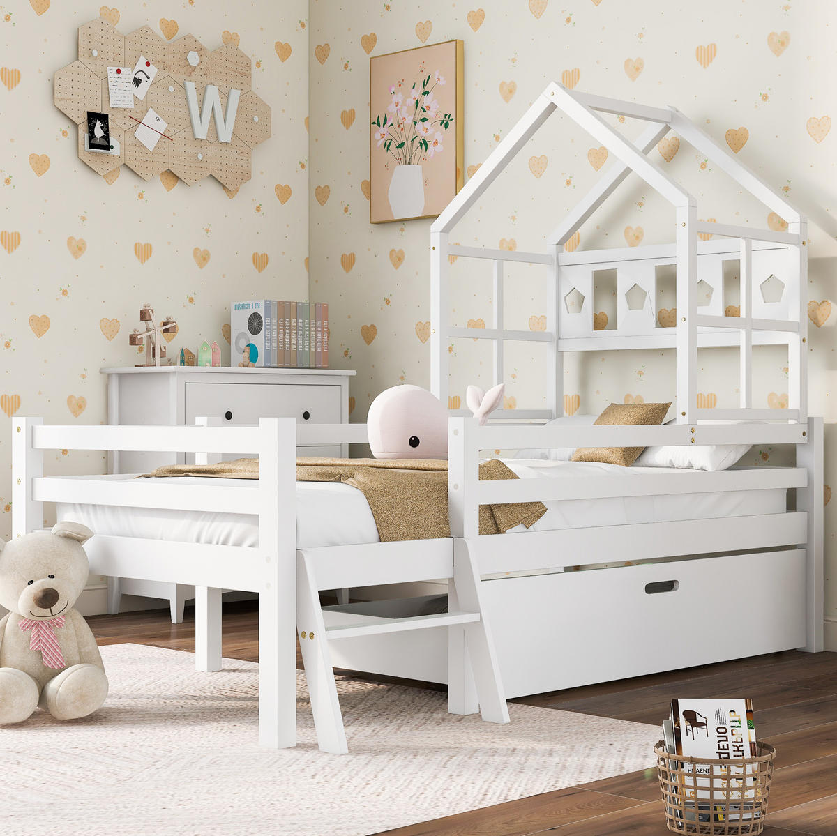 HAUSBETT 90/200 cm Weiß aus Massivholz mit Schublade - Weiß, Holz (90/200cm) - OKMYHOME