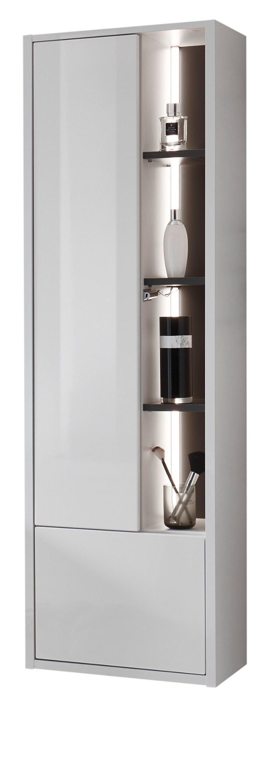 BADSCHRANK weiß Hochglanz, grau, Badezimmer Hochschrank inklusive Beleuchtung - Weiß Hochglanz/Grau, Holzwerkstoff (45/150/30cm) - Furn.Design