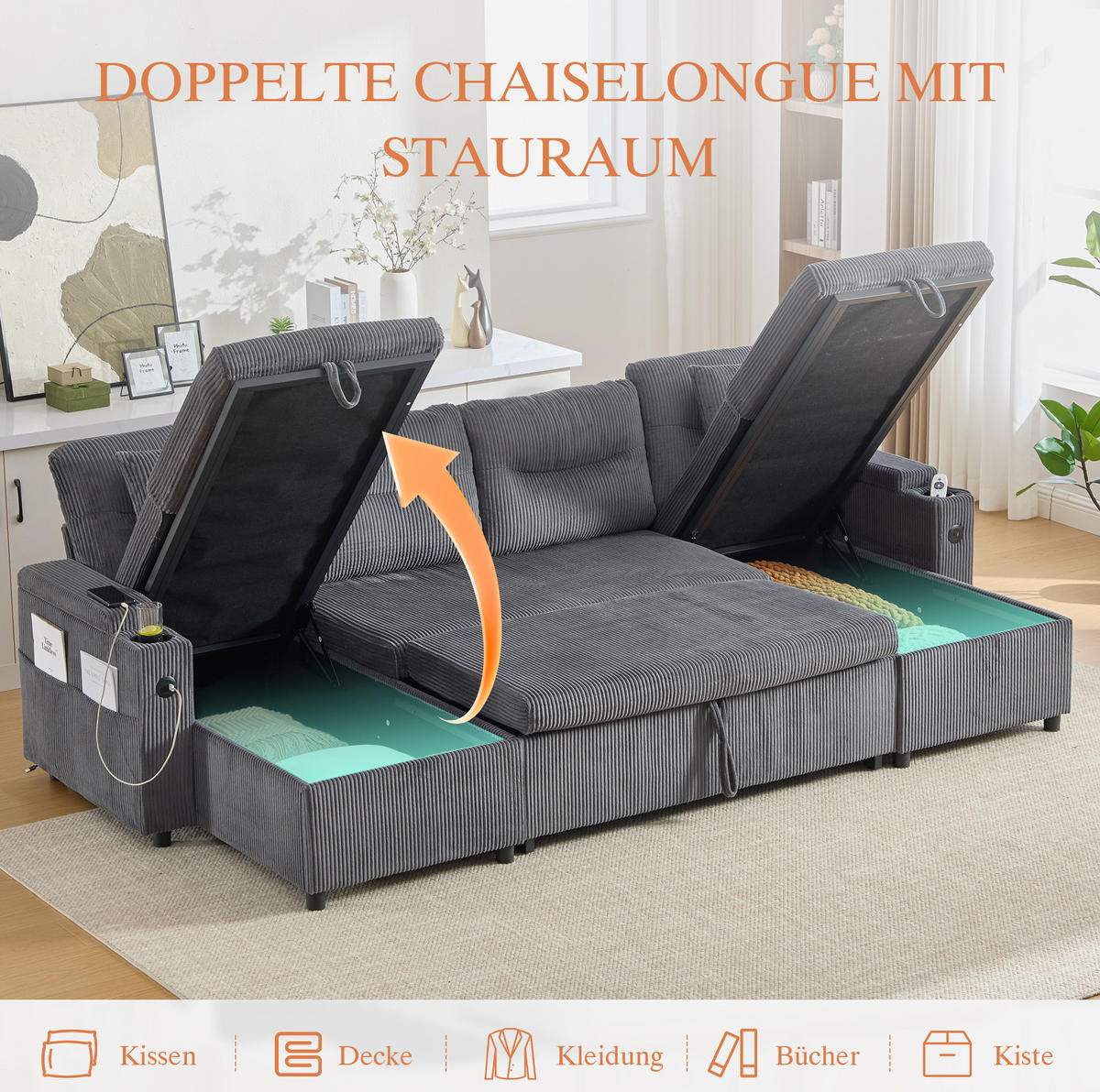WOHNLANDSCHAFT 272/136/86 cm in Carbon Grau mit Schlaffunktion und Stauraum - Anthrazit, Textil (136/86/272cm) - Flora Grace