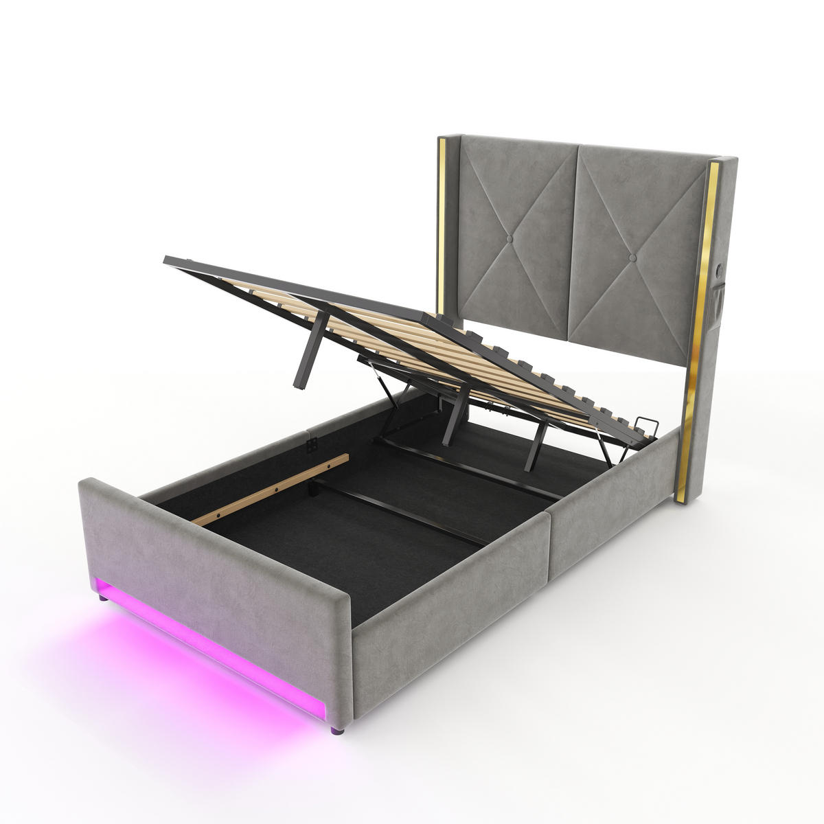POLSTERBETT 90/200 cm in Dunkelgrau mit Bettkasten, LED, USB und Type-C Samt - Dunkelgrau, Holzwerkstoff/Textil (90/200cm) - STILVORA