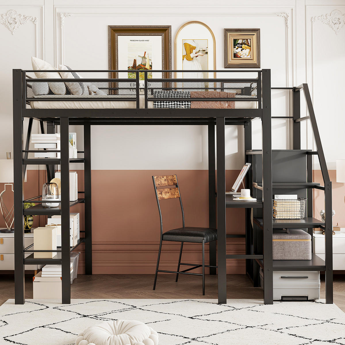 HOCHBETT 140/200 cm Schwarz mit Schreibtisch und Ablageregal aus Metall - Schwarz, Metall (140/200cm) - OKWISH