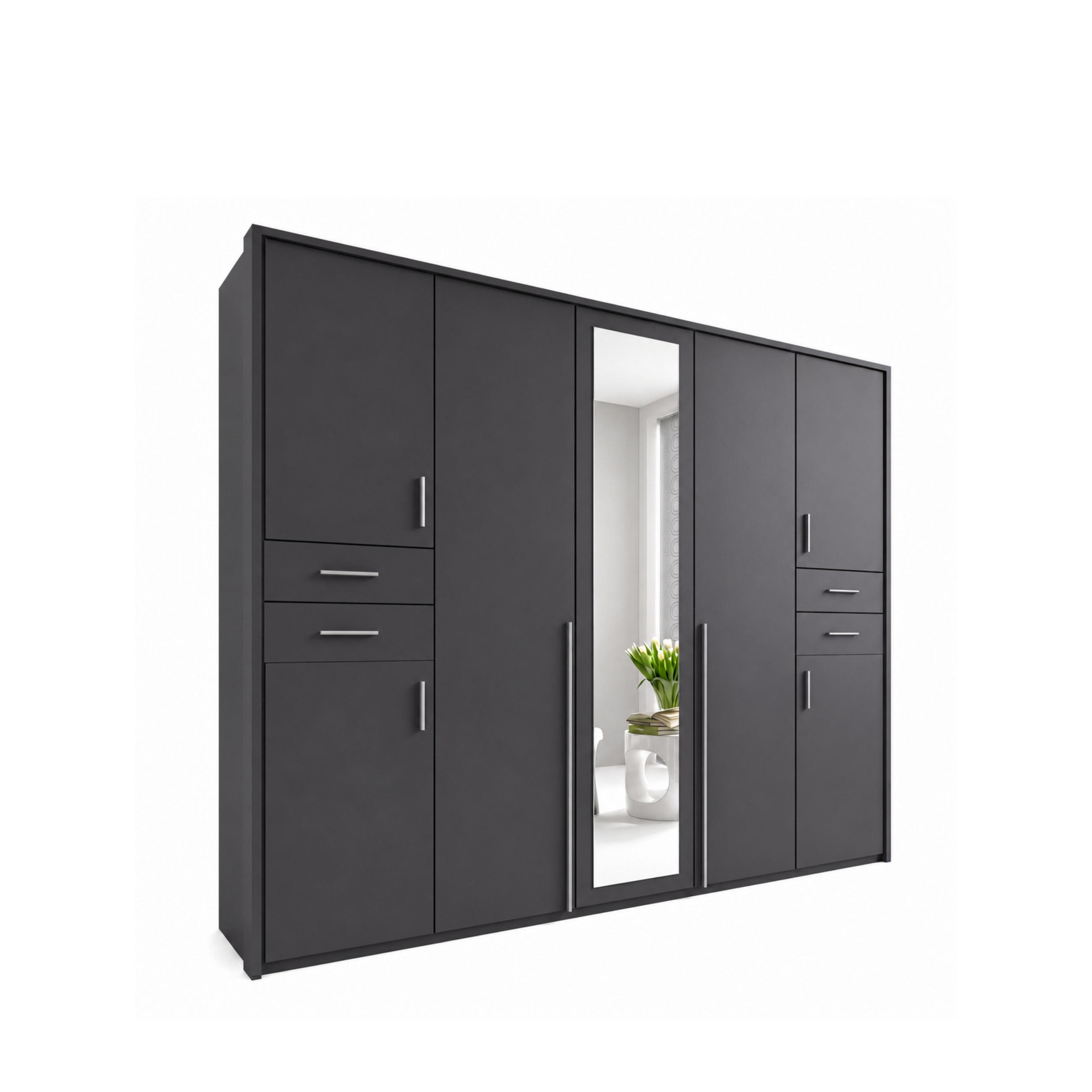 luma-home SKŘÍŇ S OTOČNÝMI DVEŘMI Š228/V210/H58 cm, v grafitové barvě, s paspartou, 1 zrcadlovými dveřmi a zásuvkami / 22571