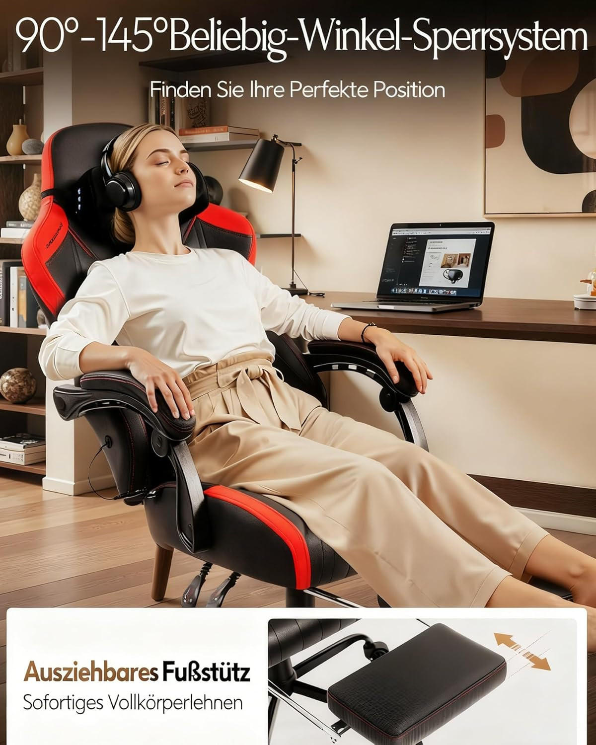 GAMING Stuhl mit Massagefunktion & Lendenwirbelstütze & Nackenstütze - Rot, Leder (56/123/70cm)