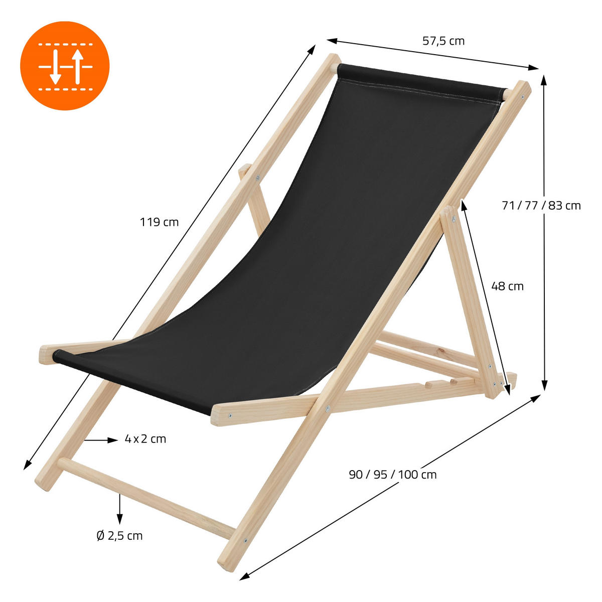 LIEGESTUHL 3er Set Schwarz - Schwarz, Holz (57.5/83/100cm) - ECD-Germany