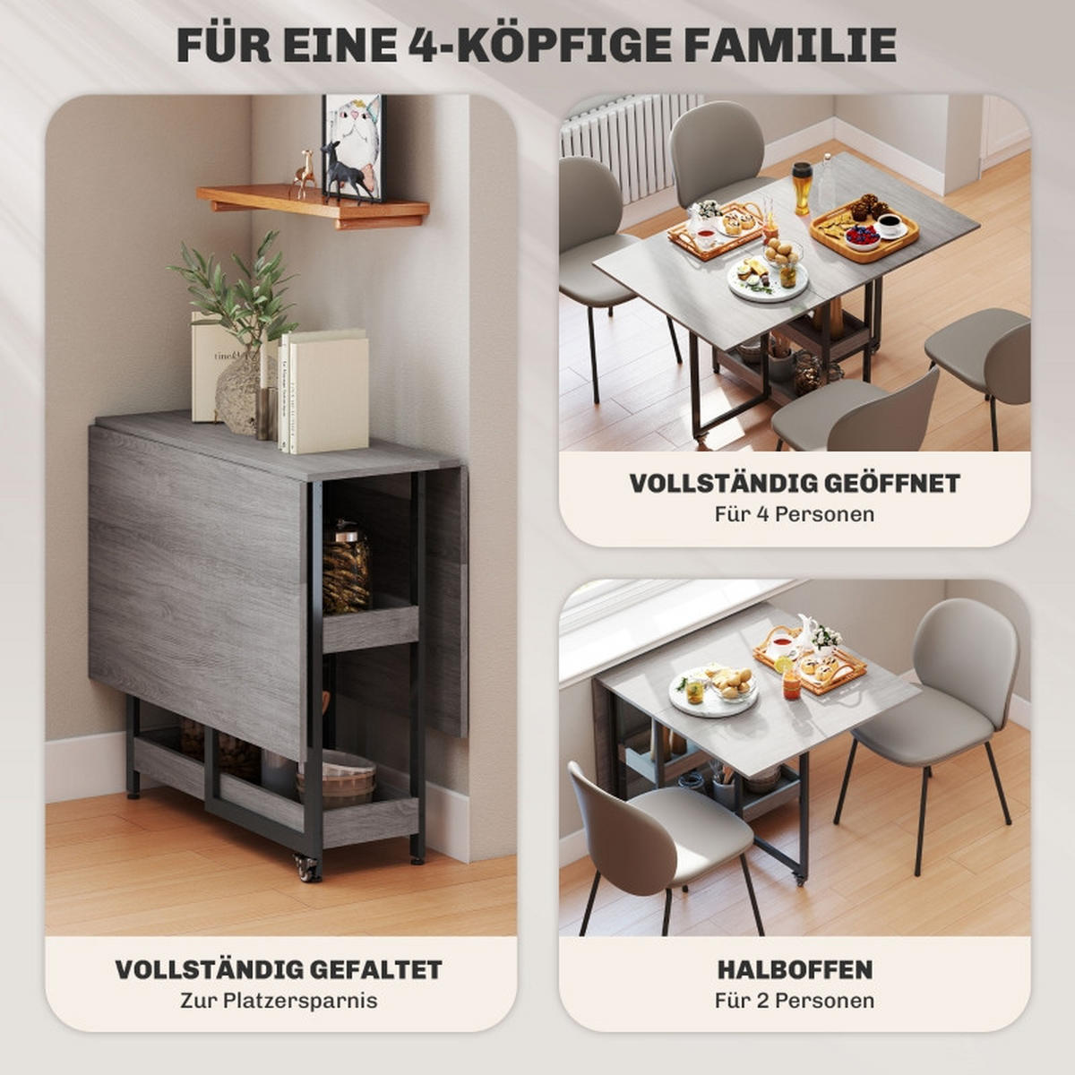 KLAPPTISCH 133,4/80/75 cm, seitlich ausklappbar mit Ablagen und Rollen - Grau, Holz (133.4/80/75cm) - BEAOK
