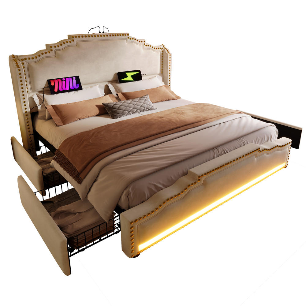 FLIEKS ČALOUNĚNÁ POSTEL 140x200 Béžová LED USB-C 4 Zásuvky