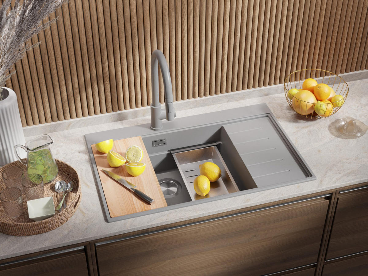 GRANITSPÜLE Sydney, 2-er set Grau 78/50 cm 1 Becken + Küchenarmatur 38/14 cm + Ablauf-Set + Küchenzubehörset ab 60er Unterschrank - Chromfarben/Beige, Kunststoff (78/20/50cm) - Primagran