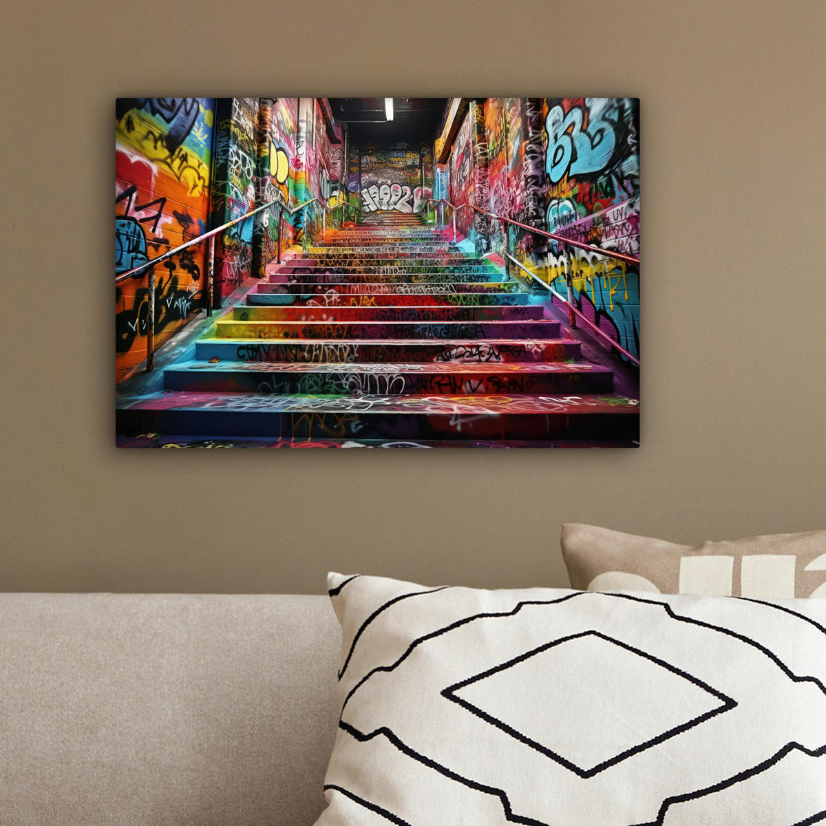 LEINWANDBILD Treppe - Graffiti - Farben - Kunst 30x20 cm - Multicolor, Textil (30/20cm) - MuchoWow