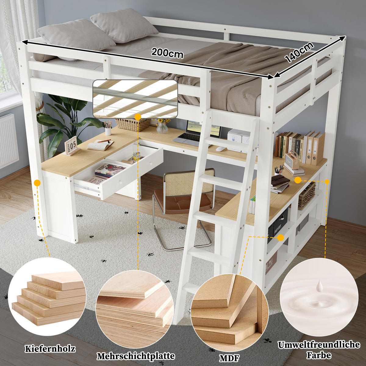 HOCHBETT 140/200 cm in Weiß & Natur mit Tisch, 2 Schubladen und Regal - Weiß/Naturfarben, Holz/Holzwerkstoff (140/200cm) - CHICFURN
