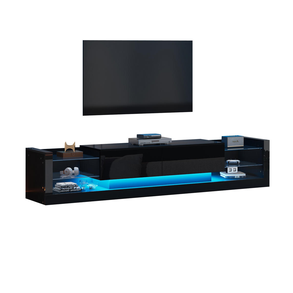 TV-SCHRANK 181/38/38 cm schwarz Spanplatte mit LED-Beleuchtung und zwei klappbaren Schubladen - Schwarz, Holzwerkstoff (181/38/38cm) - OKWISH