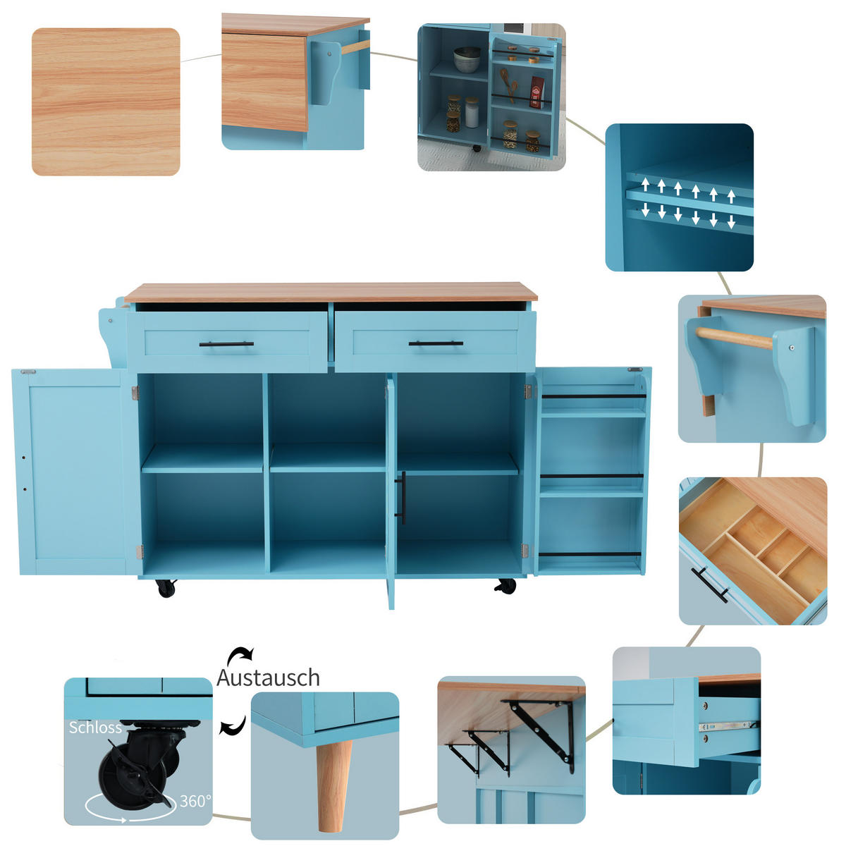 KÜCHENINSEL hellblau mit Holzfurnier-Arbeitsplatte aus MDF 129 × 71 × 91,5 cm - Blau, Holzwerkstoff (129/91.5/46cm) - Luhomfu