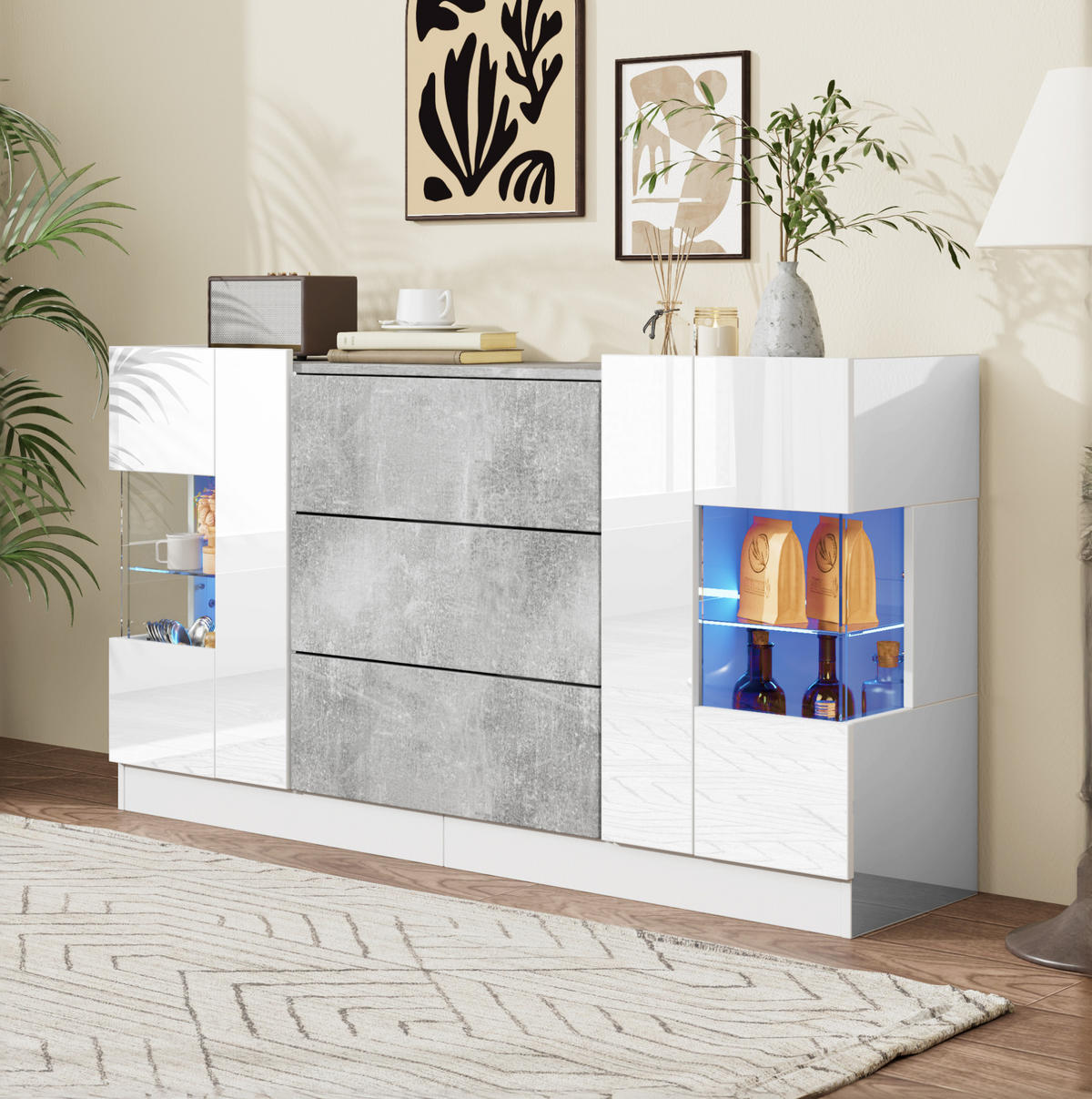 SIDEBOARD 140/35/75 cm weiß Marmorlook aus MDF mit LED - Weiß, Holzwerkstoff (140/75/35cm) - OKWISH