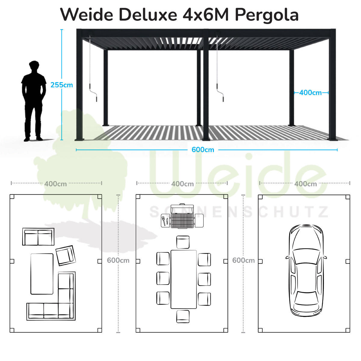 PERGOLA Deluxe Plus elektrisch Pavillon Terrassenüberdachung Alu LED 4 x 6 M - Weiß, Metall (400/255/600cm) - WEIDE