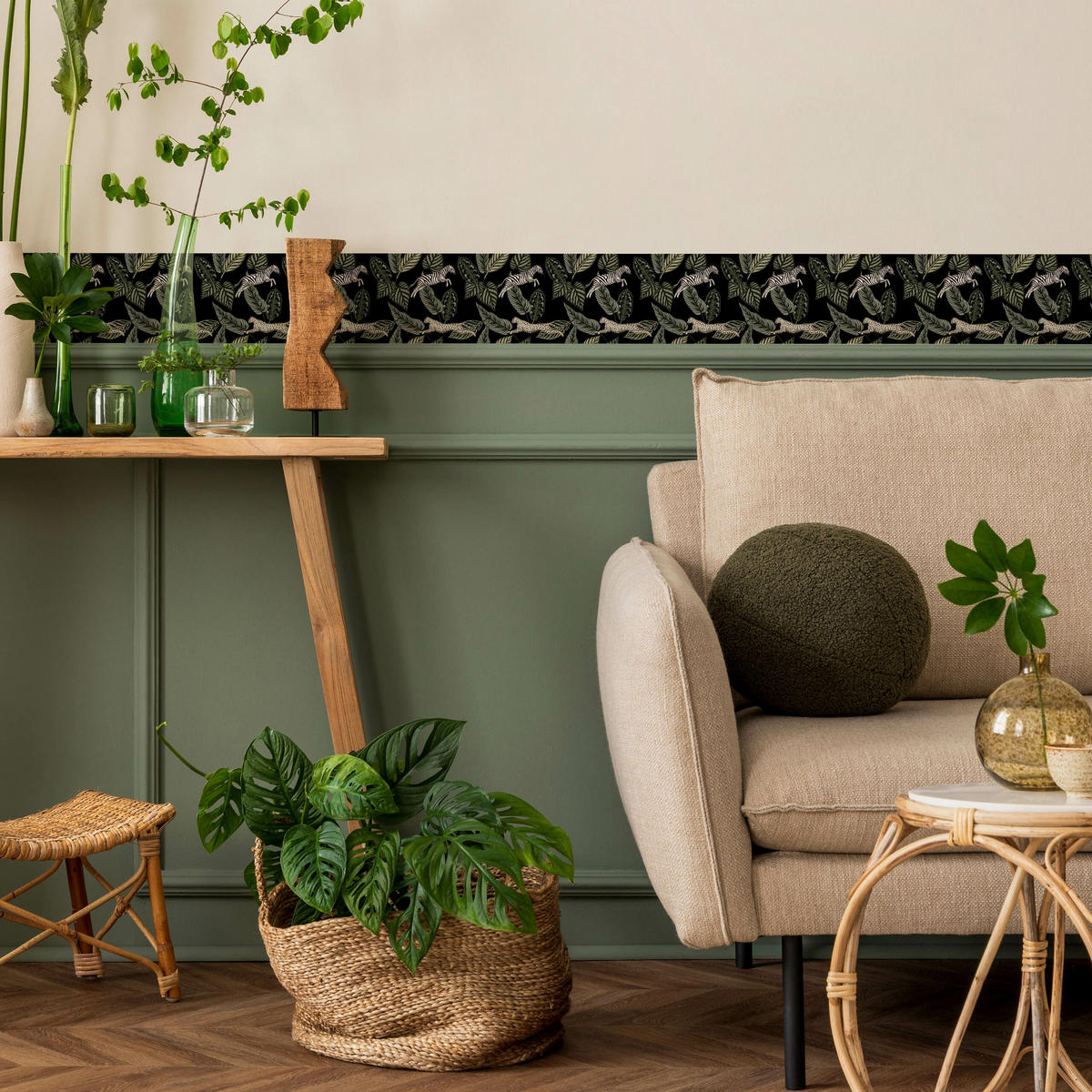 TAPETENBORDÜRE selbstklebend wilde TIERE Tropische Blätter Pflanzen - Beige/Schwarz, Papier (10/300/300cm) - Muralo