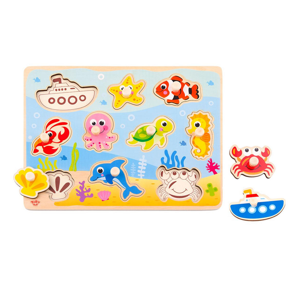 HOLZPUZZLE Marine TY856 bunt Holz, 11-teilig, 10 Puzzleteile, Meerestiere, Griffe, Steckspiel - Multicolor, Holz (23/30cm) - Tooky Toy