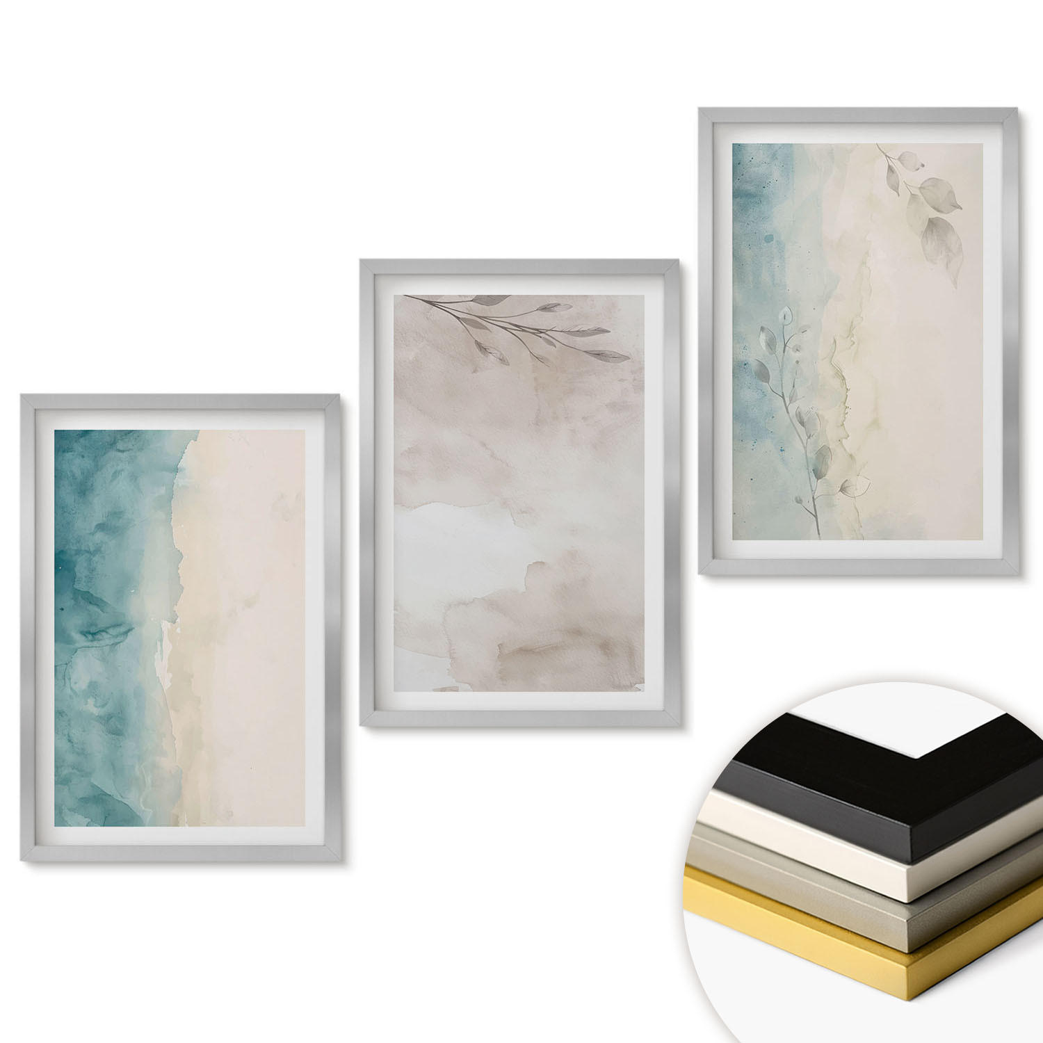 WANDBILDER 3er Set - 40x60 cm Silberner Rahmen - Feine Aquarelltexturen - Silberfarben, Kunststoff (40/60cm) - ArtPrintCave