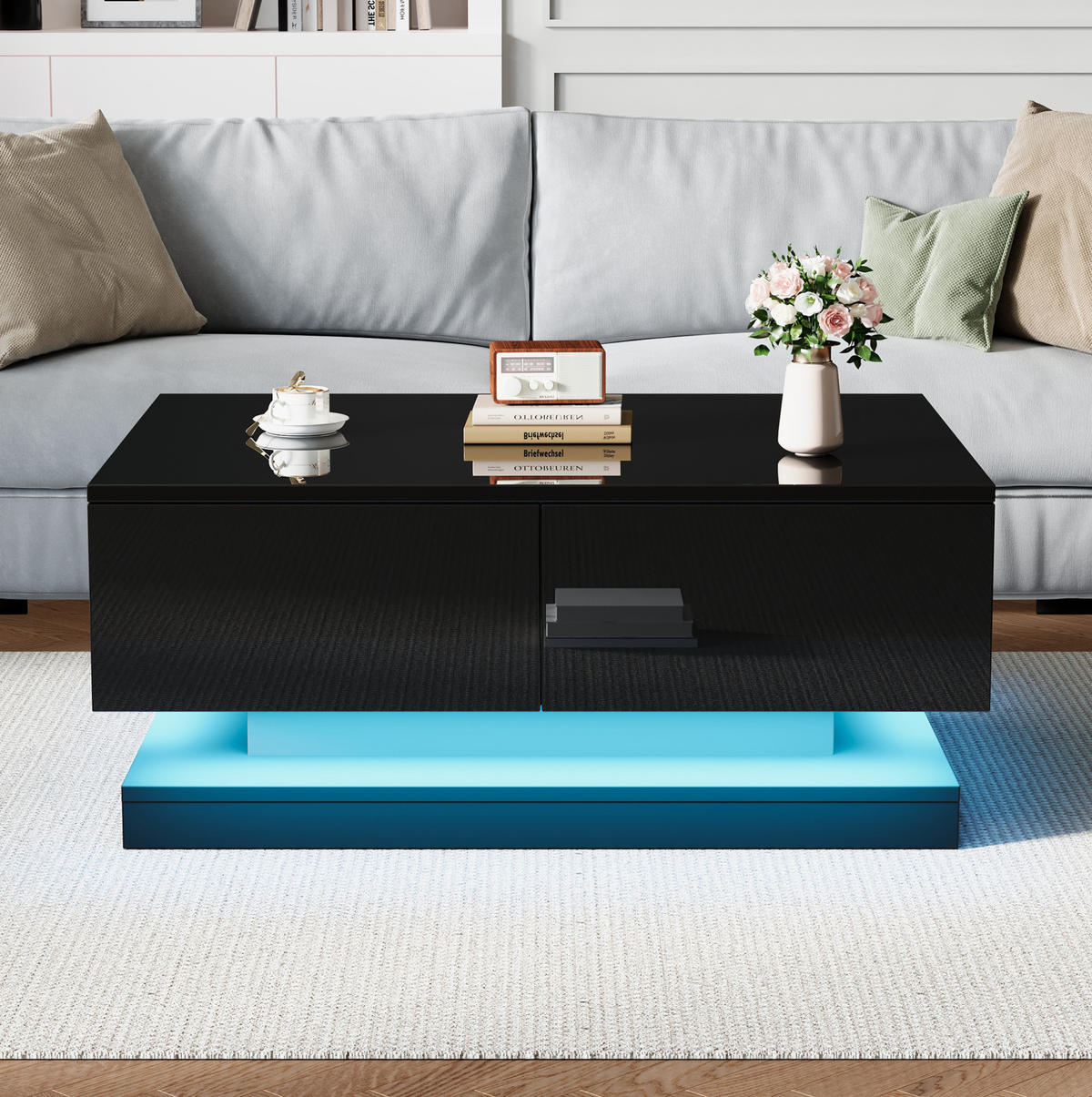 COUCHTISCH aus Spanplatte 90x50x38 cm in Schwarz mit 2 Schubladen & LED - Schwarz, Holzwerkstoff (90/50/38cm) - Modfu