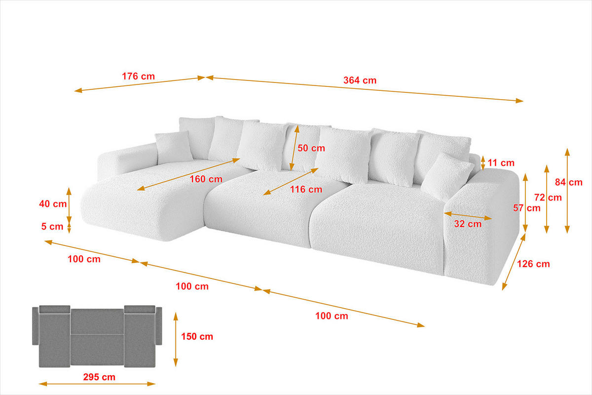 ECKSOFA Ottomane links ESKAR-L 364x176x84 Weiß Bouclé - Schwarz/Weiß, Holzwerkstoff/Kunststoff (364/176cm) - ALTDECOR