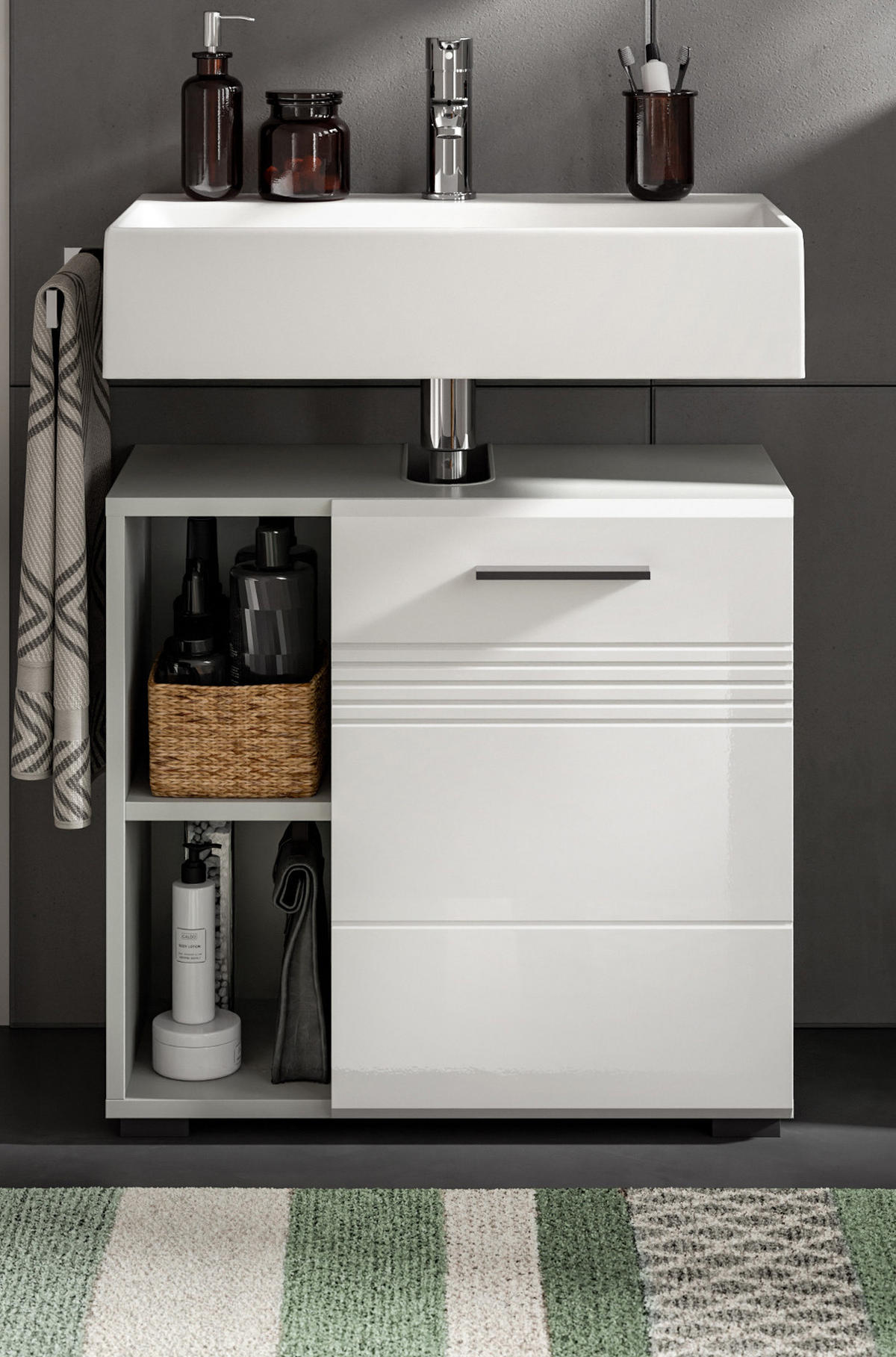 WASCHBECKENUNTERSCHRANK weiß Hochglanz, grau 60 cm, Soft-Close - Weiß Hochglanz/Silberfarben, Holzwerkstoff/Kunststoff (60/56/32cm) - Inn.Furn