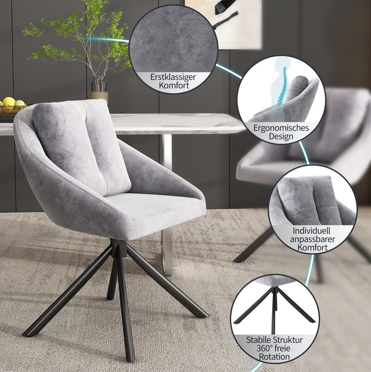 DREHSTUHL ergonomisch Samt Grau 6er-Set - Grau, Metall (54/79/65.2cm) - Meubliv
