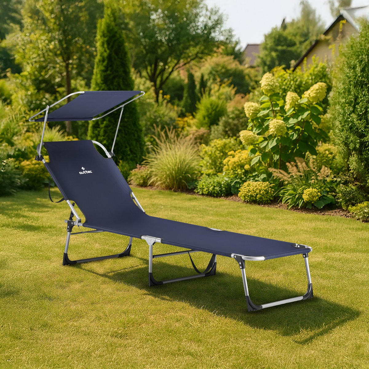 SONNENLIEGE mit Sonnendach, bis 120 kg - Dunkelblau, Textil (60/28/188cm) - Outtec