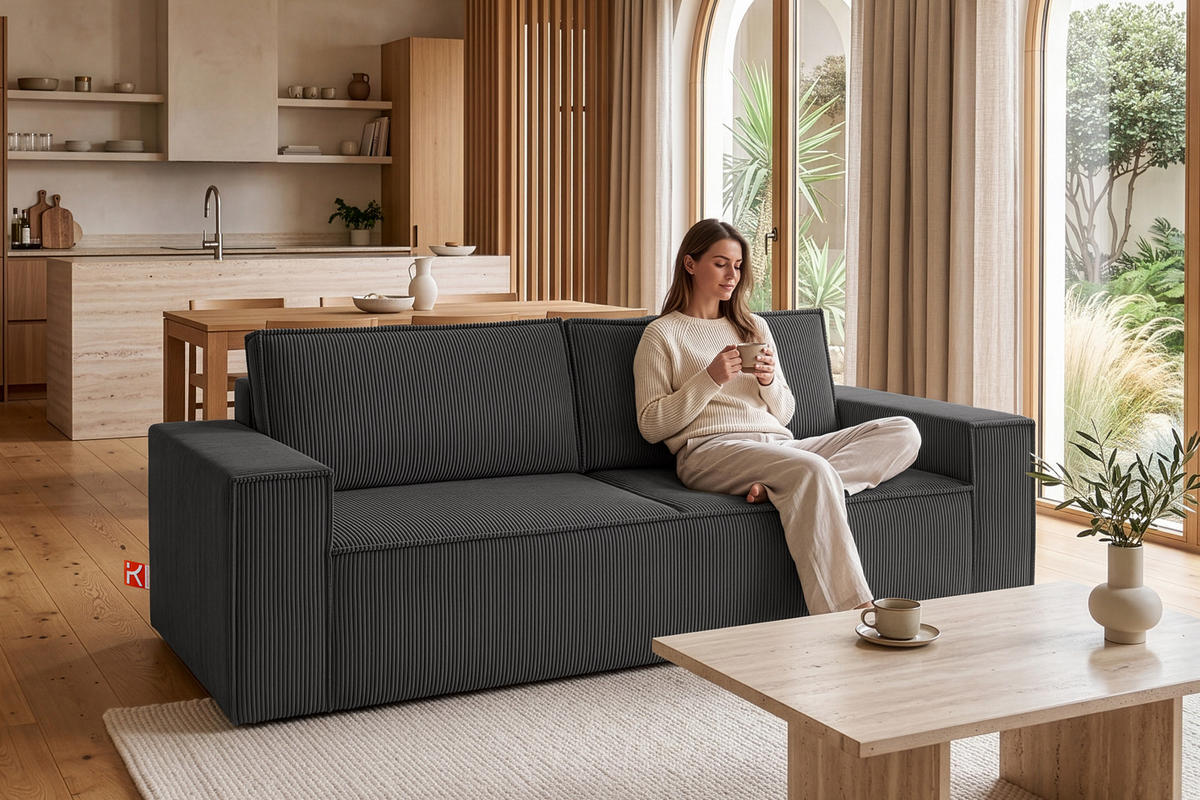 3-SITZER-SCHLAFSOFA NAPI in Pet Friendly Cord-Stoff, dunkelgrau - Dunkelgrau/Schwarz, Textil (244/89/101cm) - KONSIMO®