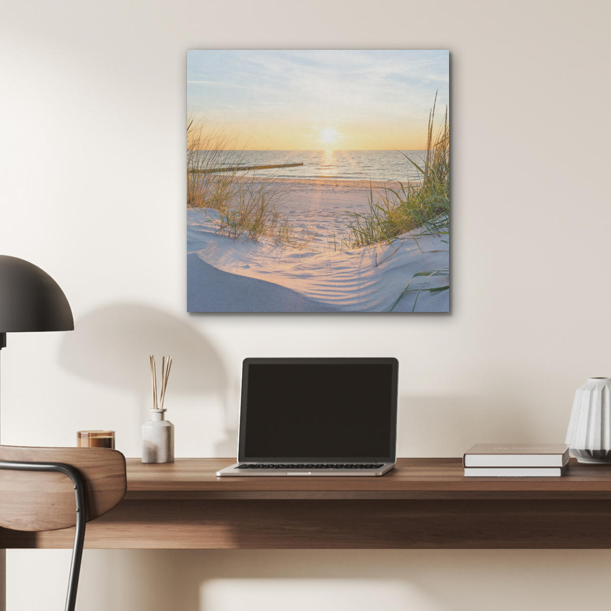 AKUSTIKBILD Strand - Sonne - Düne - Gras - Sand - Horizont Wandbilder 60x60 cm - Hellblau, Kunststoff (60/60/0.9cm) - MuchoWow