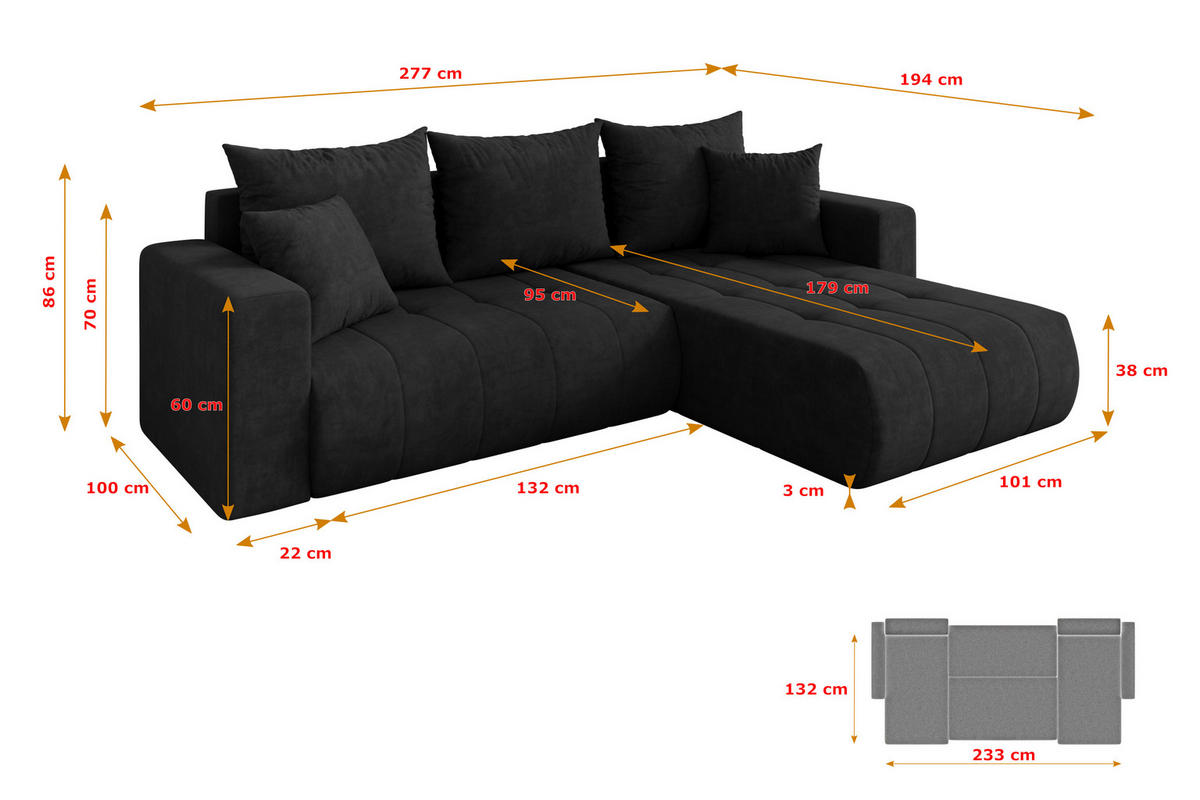ROHOVÁ SEDAČKA s funkcí spaní, otoman vpravo MILA-L 277x194x86 černá velur - černá, kompozitní dřevo/textil (277/194cm) - ALTDECOR