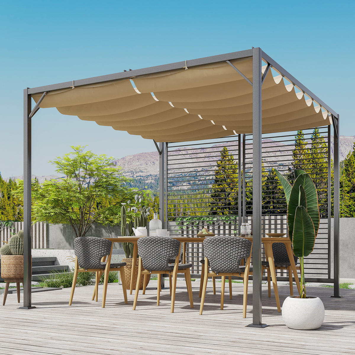 PAVILLON, Pergola, Polyester, Beige - Dunkelgrau/Beige, Kunststoff/Metall (280/238/300cm) - Outsunny