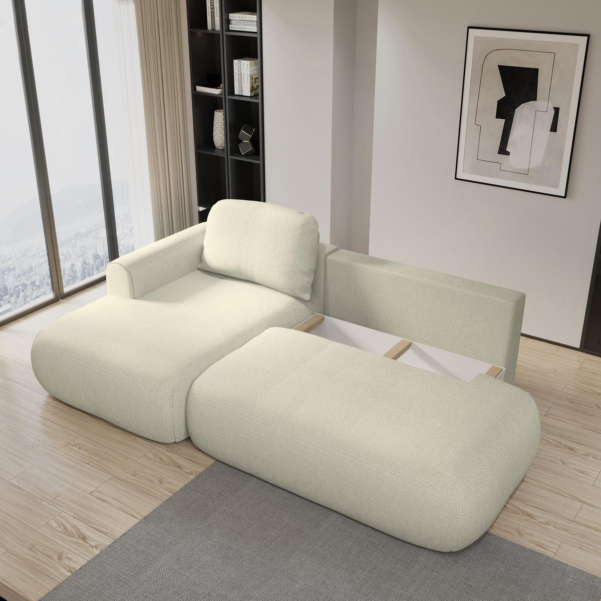 ECKSOFA NUVIRA L-S Creme Geflochtener Stoff mit Schlaffunktion - Creme, Holz (274/165cm) - MASSENO