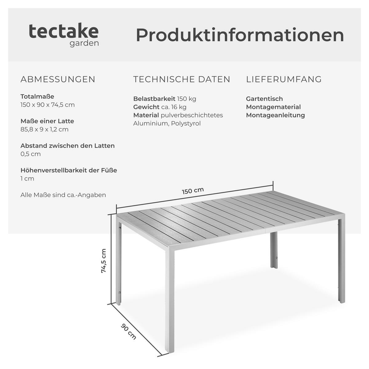 GARTENTISCH Bianca,150 x 90 x 74,5 cm,silber/grau - Silberfarben/Grau, Metall (150/90/74.5cm) - tectake