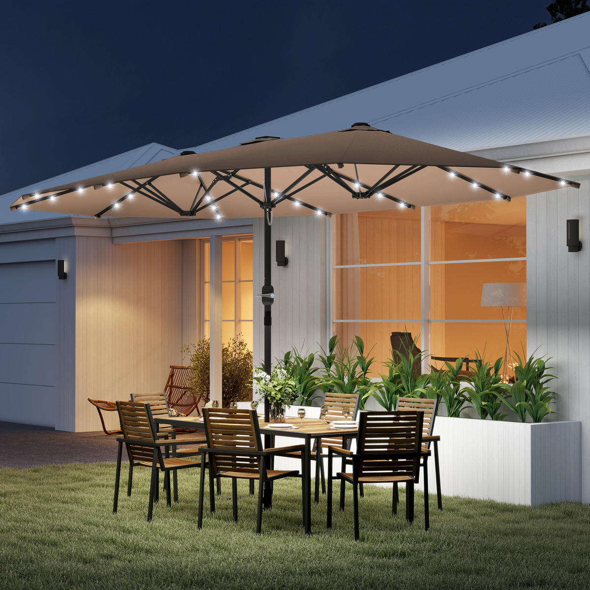 SONNENSCHIRM mit LED Doppelsonnenschirm 443 x 260 cm Gartenschirm Oval Khaki - Braun, Kunststoff/Metall (443/260cm) - Outsunny