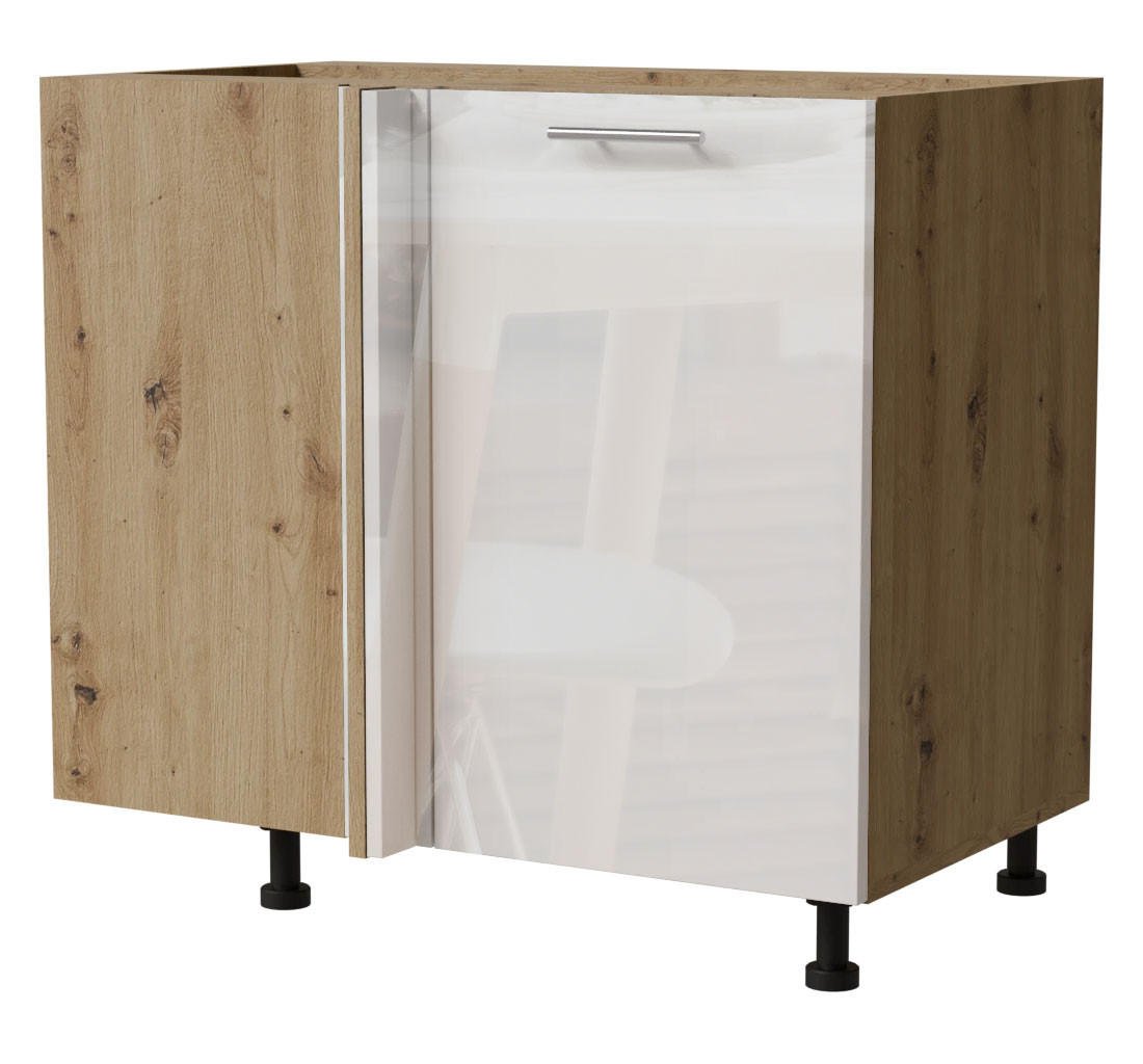 Feldmann-Wohnen Eck-Küchenschrank Weiß Hochglanz, Eiche Artisan 90x82x50 cm