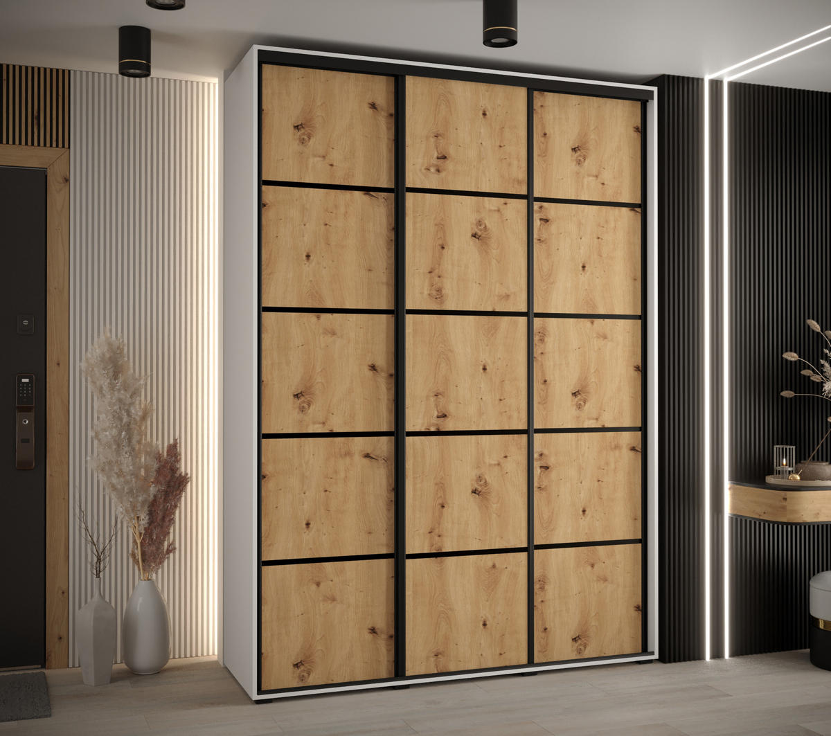 SCHWEBETÜRENSCHRANK 235,2/180/60 3-türig - Schwarz/Weiß, Holz/Metall (180/235/60cm) - Abiks Möbel