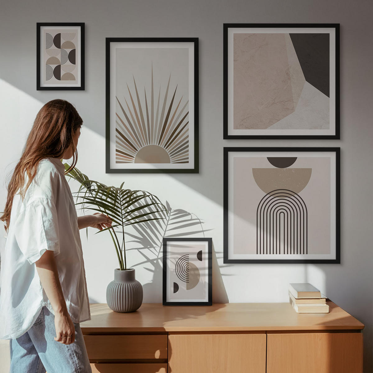 WANDBILDER 5er-Set - 50x50 cm & 20x30 cm & 40x60 cm Schwarzer Rahmen - Abstrakte beige und braune Formen - Schwarz, Kunststoff (40/60cm) - ArtPrintCave