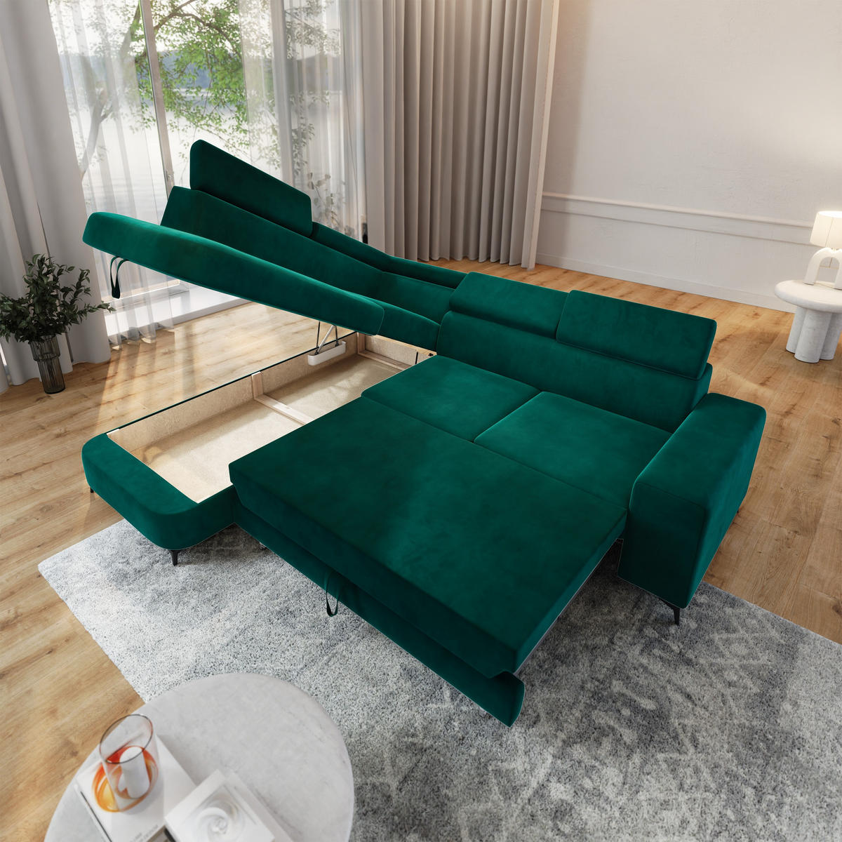 ECKSOFA ALVORO L-S Grün Velours-Stoff mit Schlaffunktion - Grün, Holz (253/190cm) - MASSENO