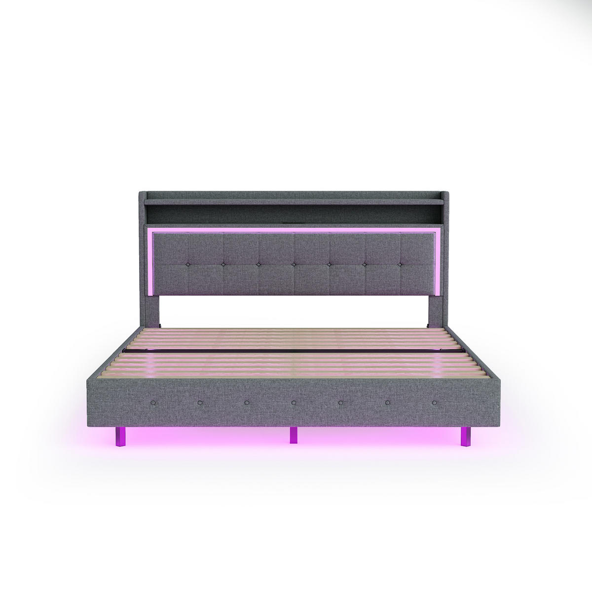 POLSTERBETT 160/200 cm mit LED-Beleuchtung und USB, gepolstertes Kopfteil - Grau, Textil (160/200cm) - BEAOK